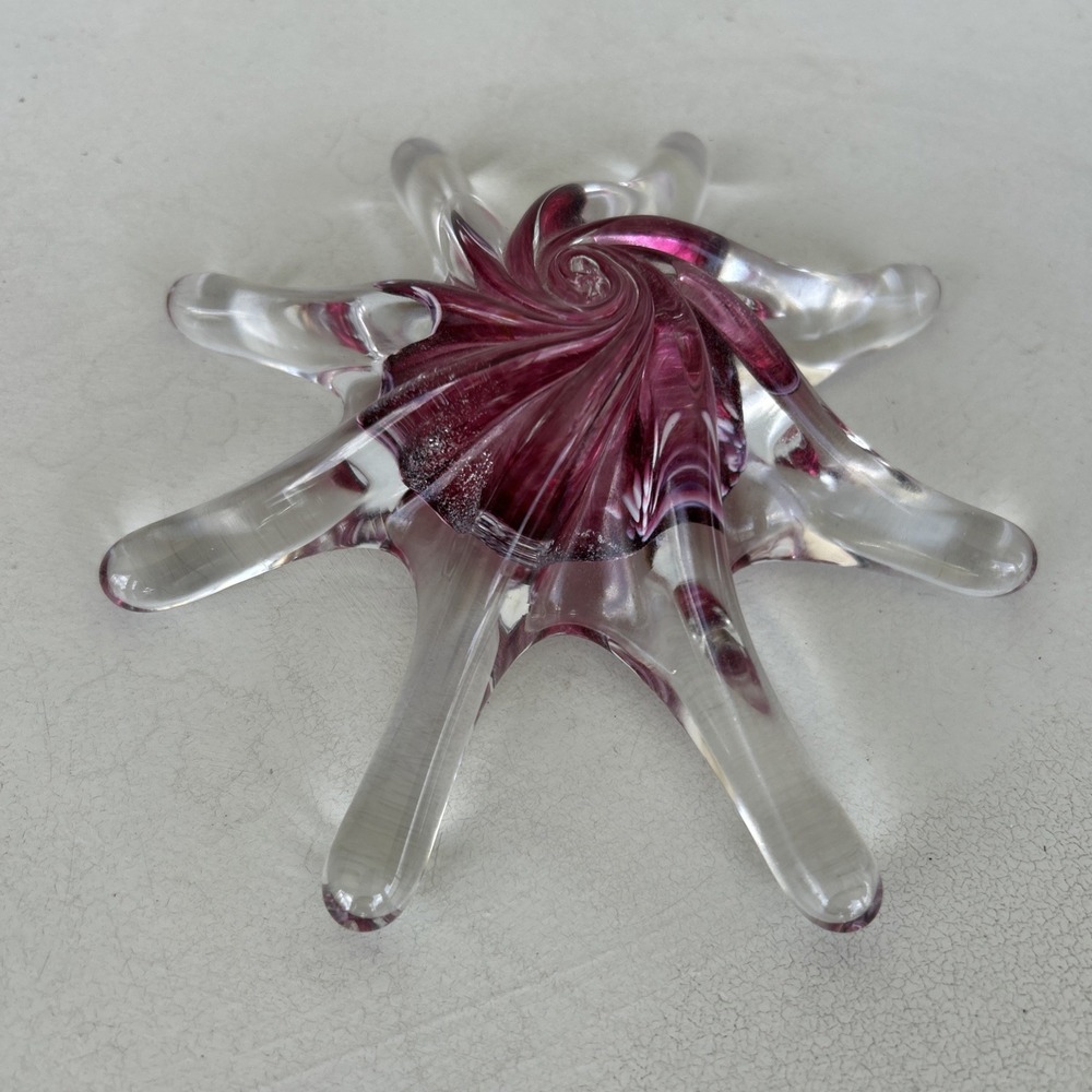 Art Glass Paperweight Starfish Sea Star Hand Blown Swirled Cranberry & Clear
